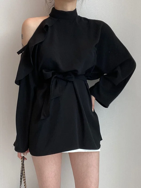 Long Sleeves Loose Asymmetric Hollow Ruffled Solid Color Tied Waist Mock Neck Blouses&Shirts Tops