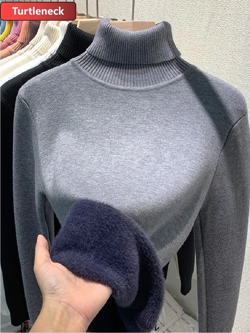 Uveng Warm Sweater Pullover Women Slim Thicken Plush Velvet Lined Knitwear Jumper Korean Half Turtleneck Poleras Soft Knit Tops