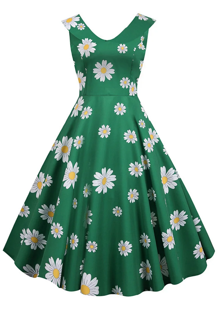 1950s Yellow Party Ditsy Floral Doll Collar Sleeveless Flare Swing Midi Dress