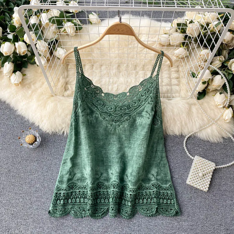 Croysier Tops Women 2021 Boho Clothing Vintage Embroidery Lace Trim Cami Top V Neck Sleeveless Spaghetti Strap Summer Camisole