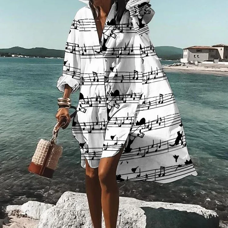 Women's  Seaside Holiday music print Loose Casual Shirt Dress