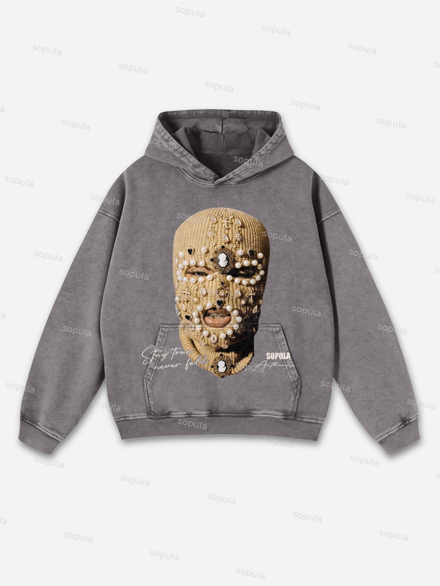 Gangster Jewelry Mask Portrait Graphic Washed Hoodie - SOPULA