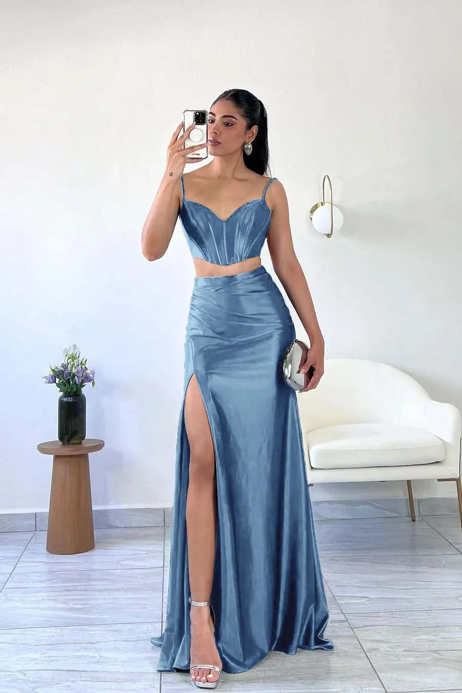 Miabel Simple Dark Green Satin Spaghetti Strap Sleeveless Long Prom Dress with Split
