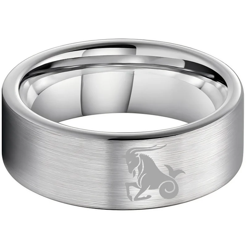 Men Women Sliver Capricorn Tungsten Carbide Rings Couple Wedding Bands Flat Comfort Fit 4MM 6MM 8MM
