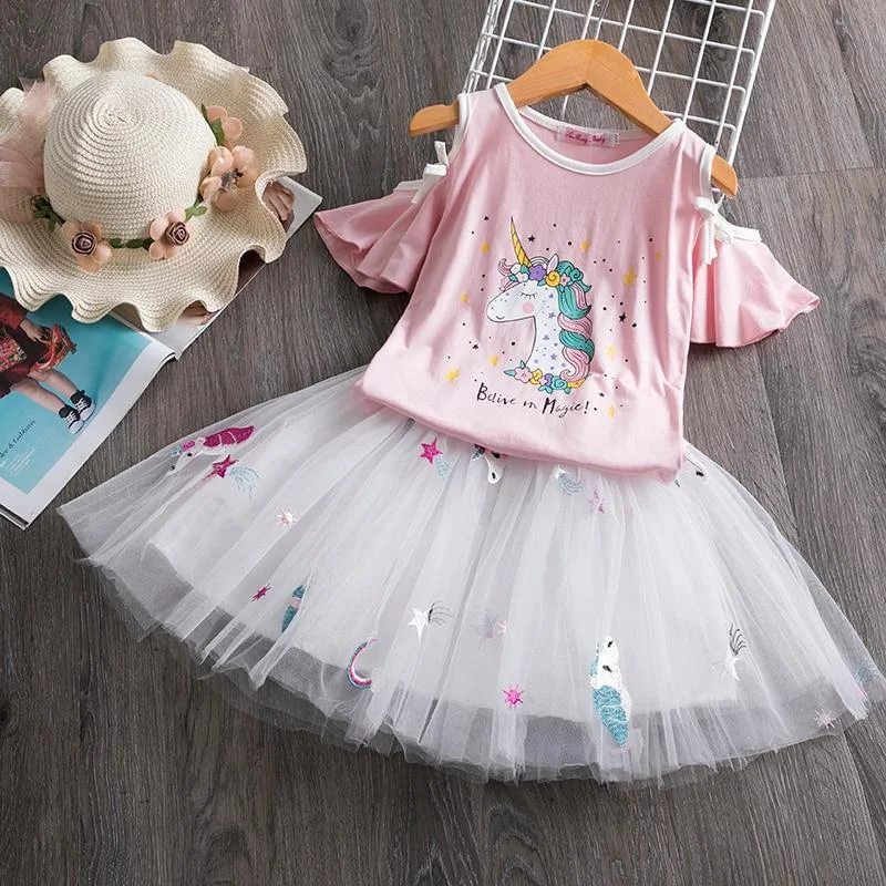 2021 Toddler Girl Kids Set 2 Piece Girl Set Dresses Party Little Girl Clothes for Flamingo Girls Dress Summer Clothing 7 Years