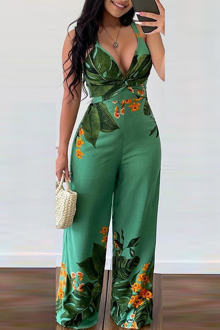 Plus Size Green Casual Tropical Print V Neck Jumpsuits [Pre-Order]