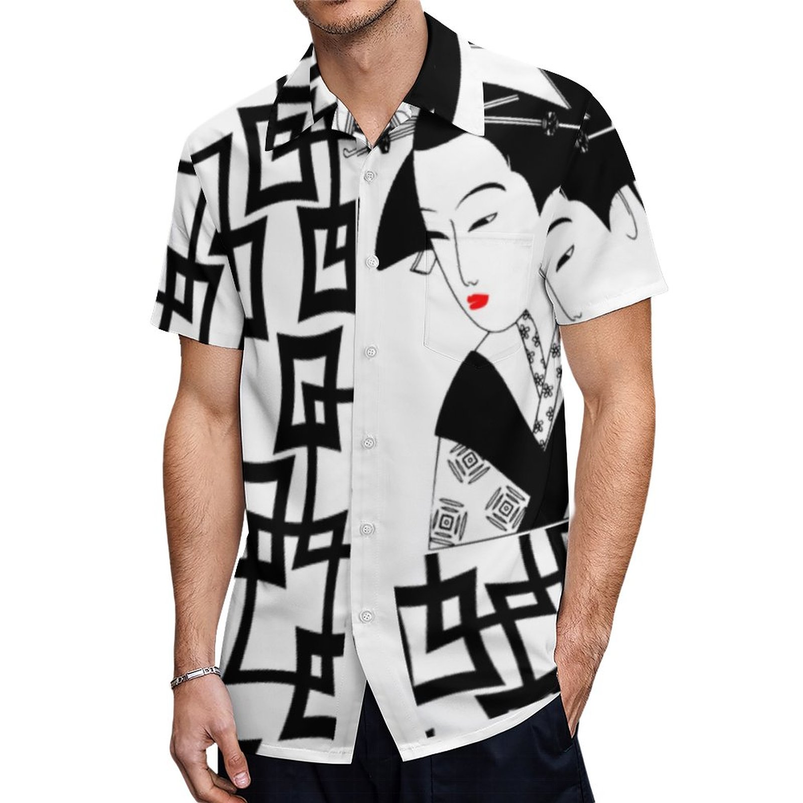 Japanese Geisha Girl Black White Graphic Hawaiian Shirt Mens Button Down Plus Size Tropical Hawaii Beach Shirts