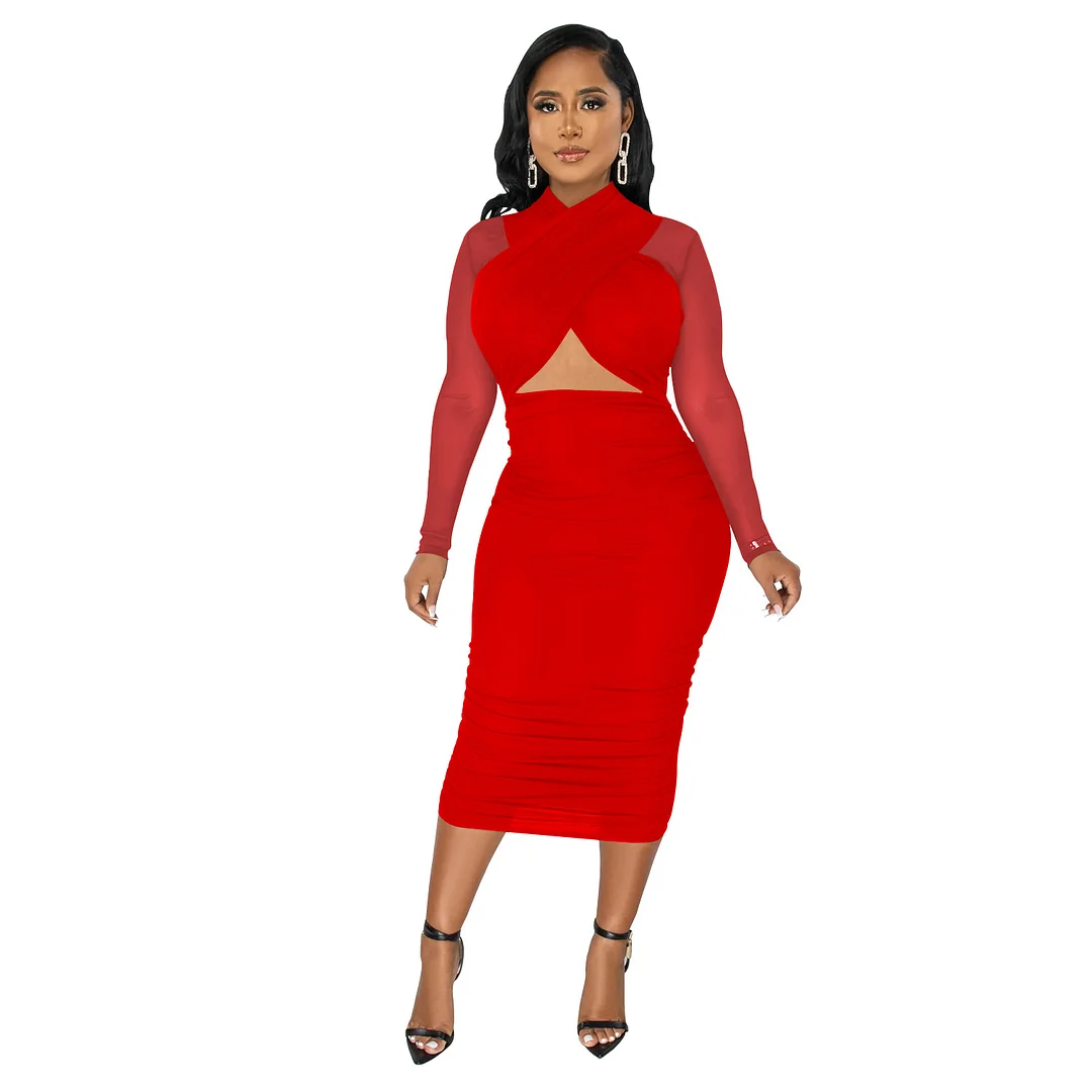 Churchf Churchf Fashion Women's Mesh Long Sleeve Solid Color Wrapped Breast Crop Dress