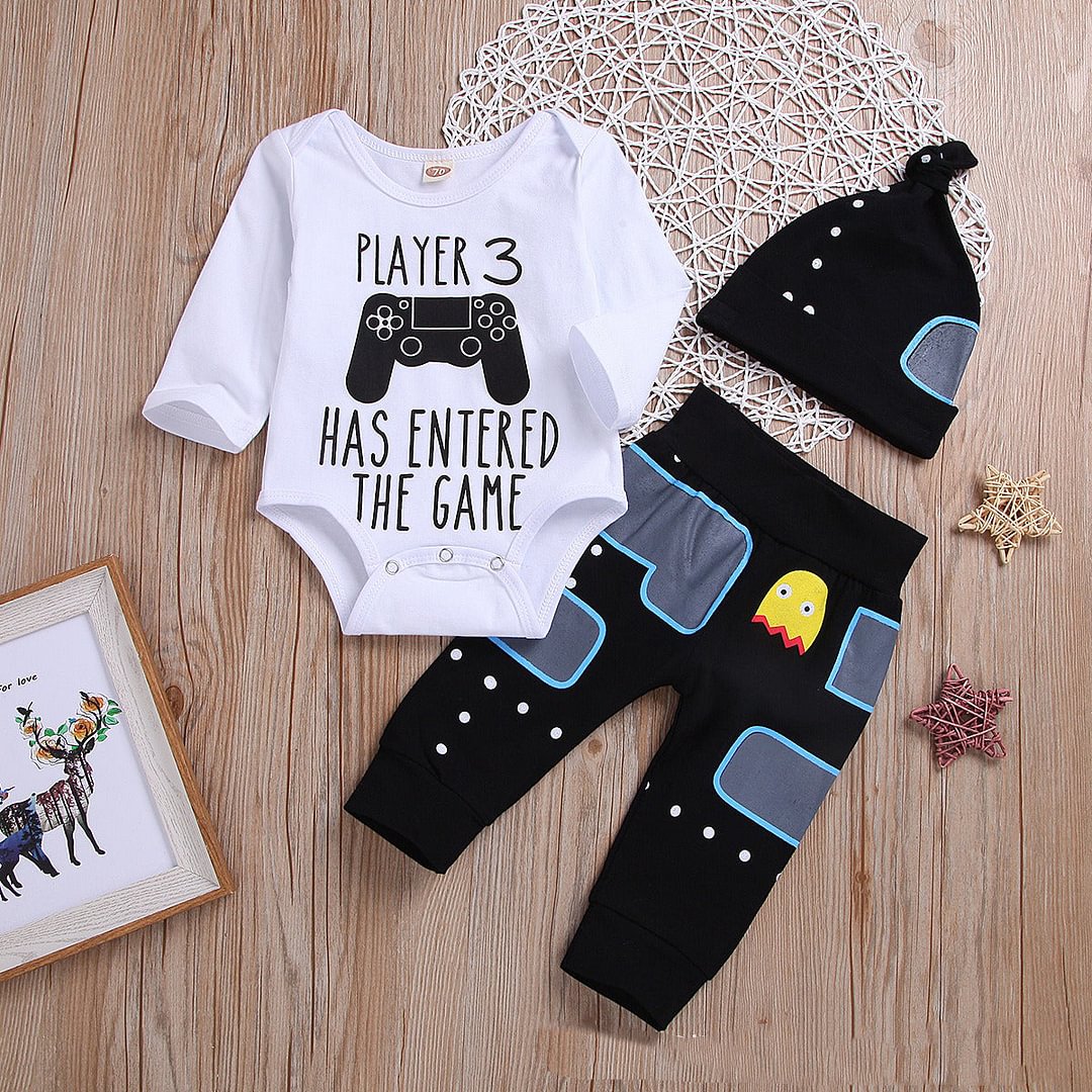 3PCS Player 3 Has Entered The Game Letter Printed Romper With Pants Baby Set