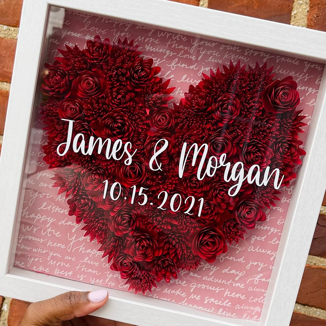 Vangogifts Personalized Dates & Names Heart Shape Purple Pink Red Bule Monochrome Roses Shadow Box  Mother's Day Gifts