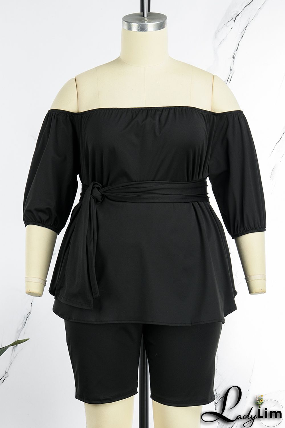 Khaki Casual Solid Bandage Patchwork With Belt Off the Shoulder Plus Size Two Pieces