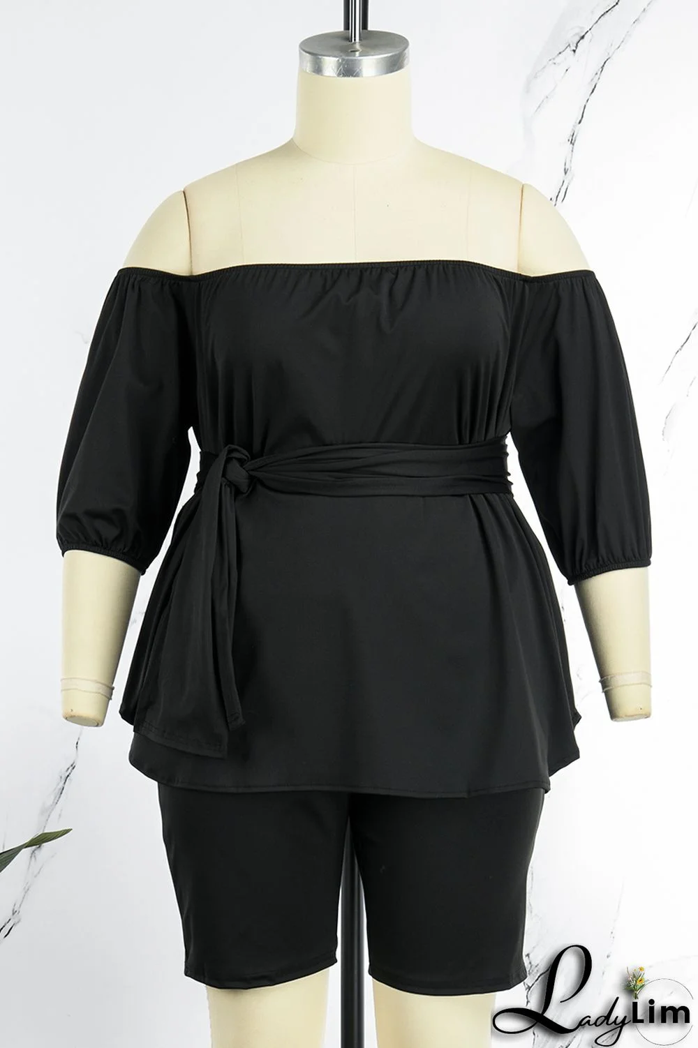 Khaki Casual Solid Bandage Patchwork With Belt Off the Shoulder Plus Size Two Pieces