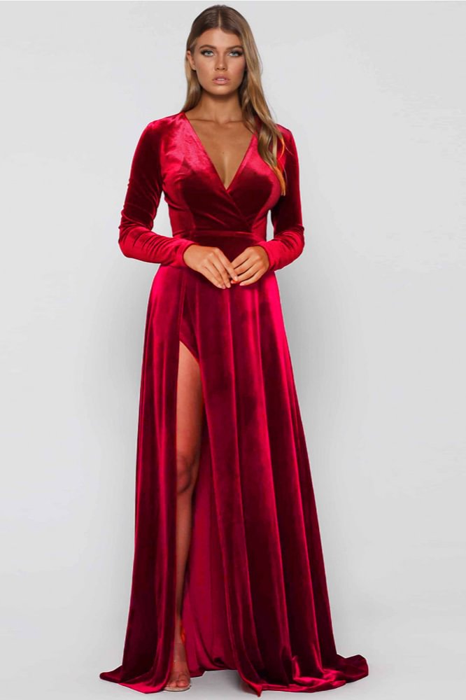 Burgundy Velvet V-Neck  Long Sleeve Prom Dress With Slit - lulusllly