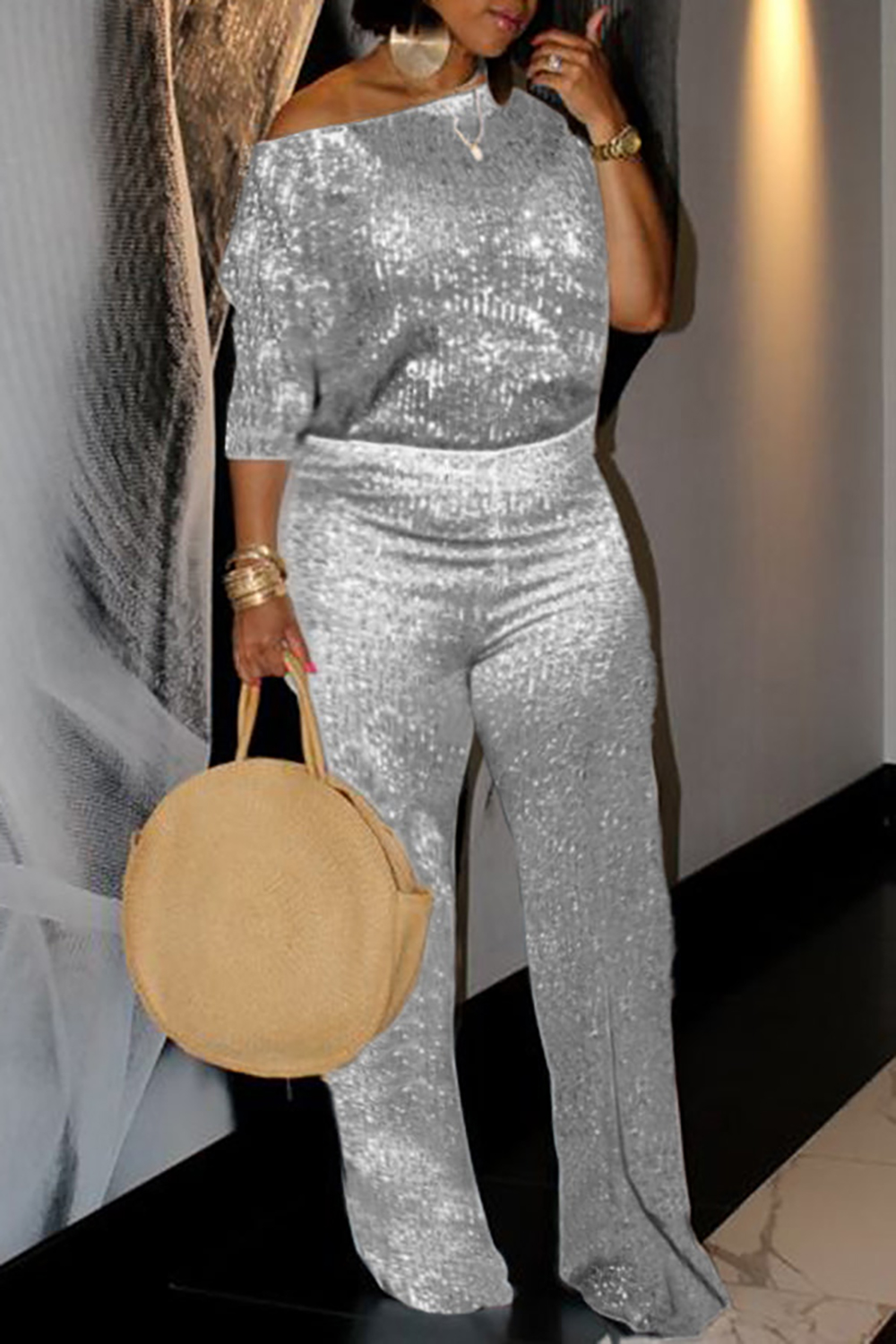 Plus Size Party Pant Set Silver Sequin Mid-Sleeves Oblique Collar Two Piece Pant Set