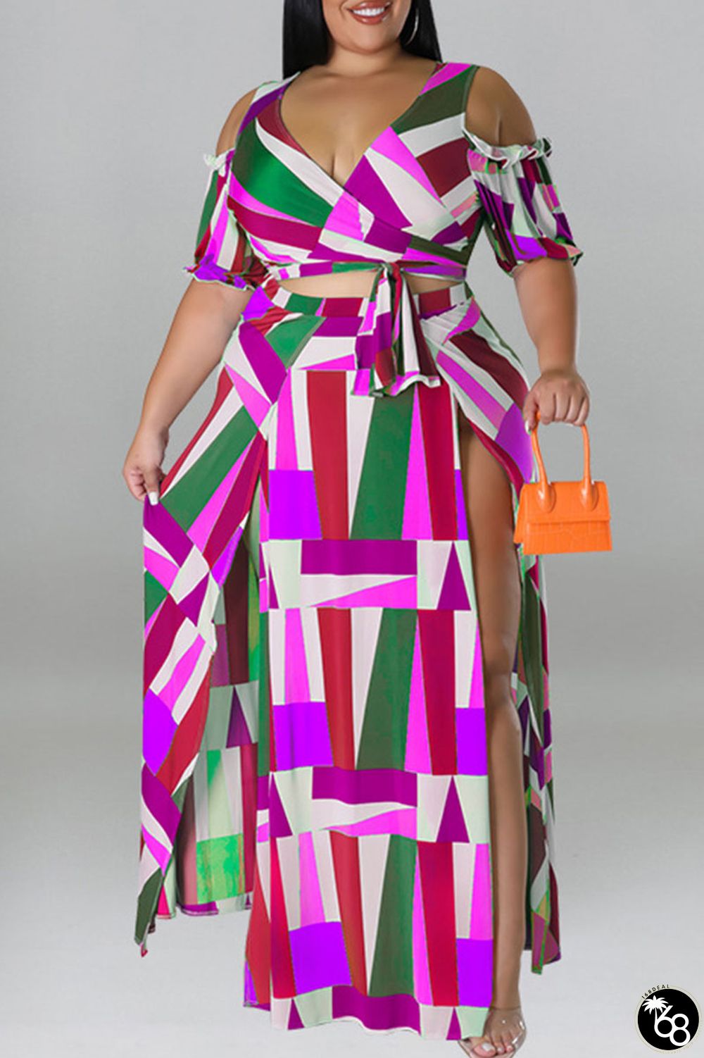 Purple Sexy Print Bandage Patchwork V Neck Plus Size Two Pieces | 168DEAL