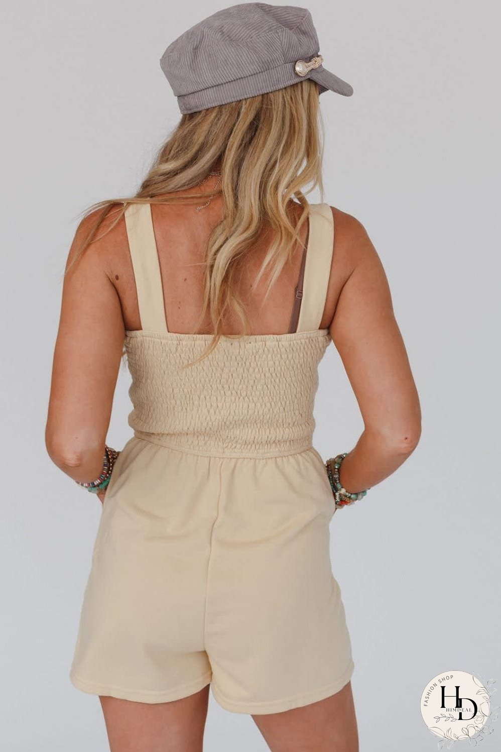 Beige Smocked Button Detail Sleeveless Romper