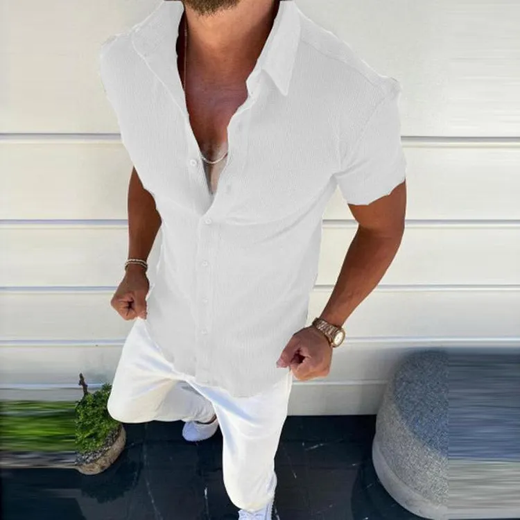 Men's Casual Solid Color Lapel Short Sleeve Shirt 37145589TO