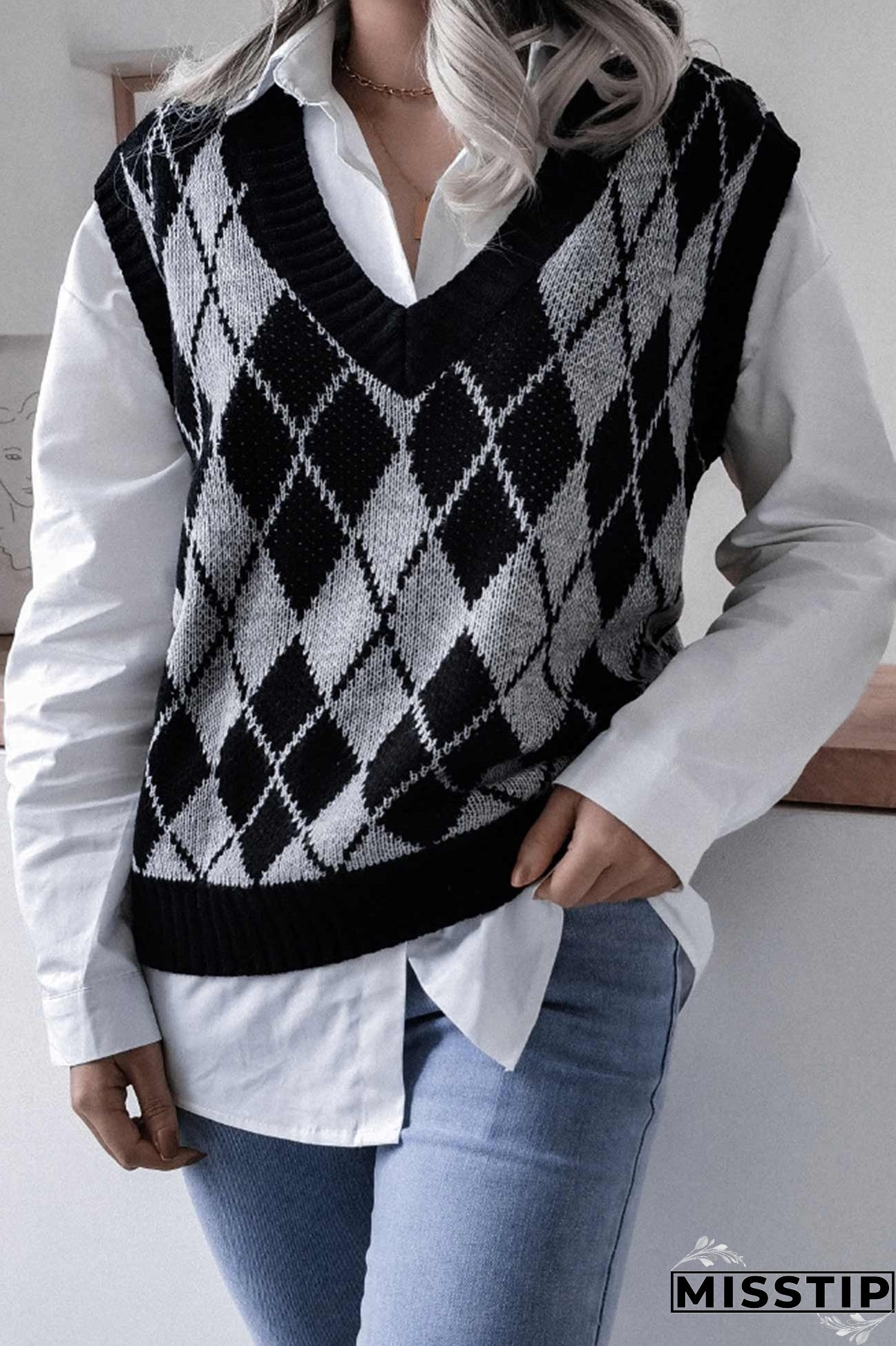 V Neck Checked Knit Tank Sweater