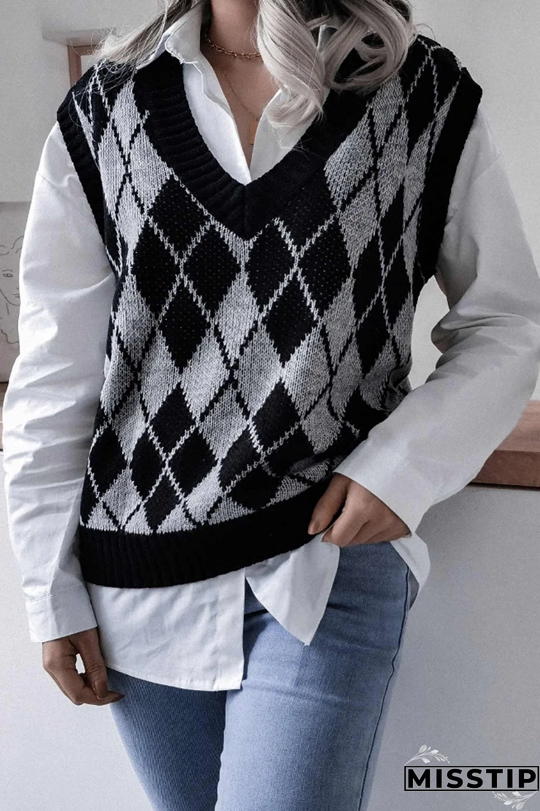 V Neck Checked Knit Tank Sweater