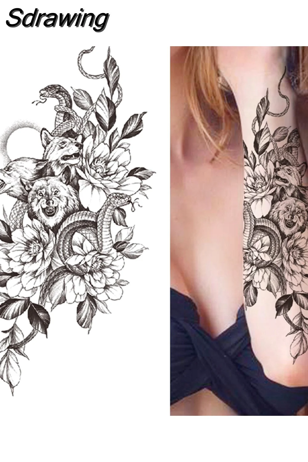 Sdrawing Fake Peony Temporary Tattoos For Women Girl Black Rose Elephant Flower Tattoo Sticker Tiger Anemone Tatoos Half Sleeve 521-1