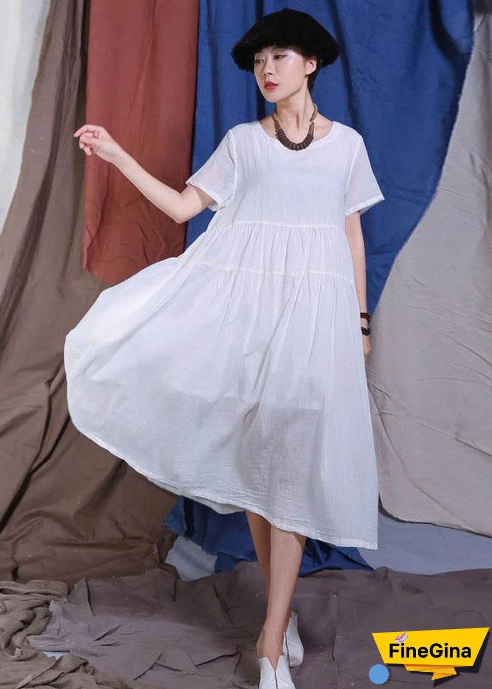 Handmade white big hem cotton linen Robes Cinched waist Maxi summer Dresses