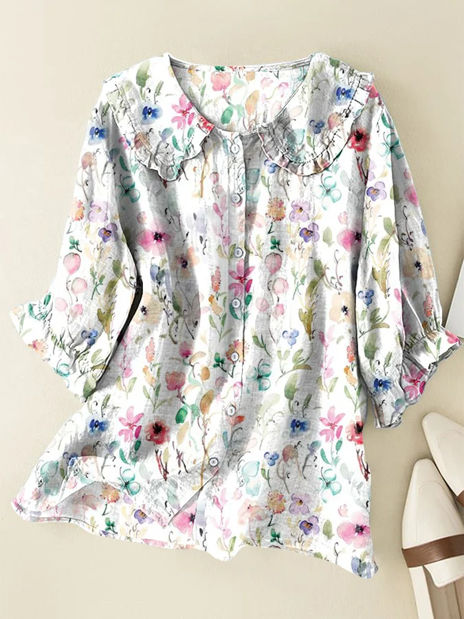 Vintage Floral Loose Fit Peter Pan Ruffle Collar Shirt