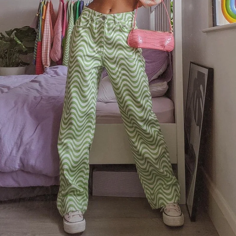 Dulzura Ripple Print Women High Waist Wide Leg Pants Jeans Loose Streetwear Casual Fashion 2021 Summer Clothes Bottoms Trousers