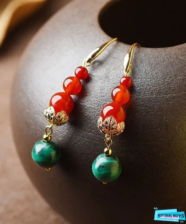 Women Overgild Agate Gem Stone Round Drop Earrings