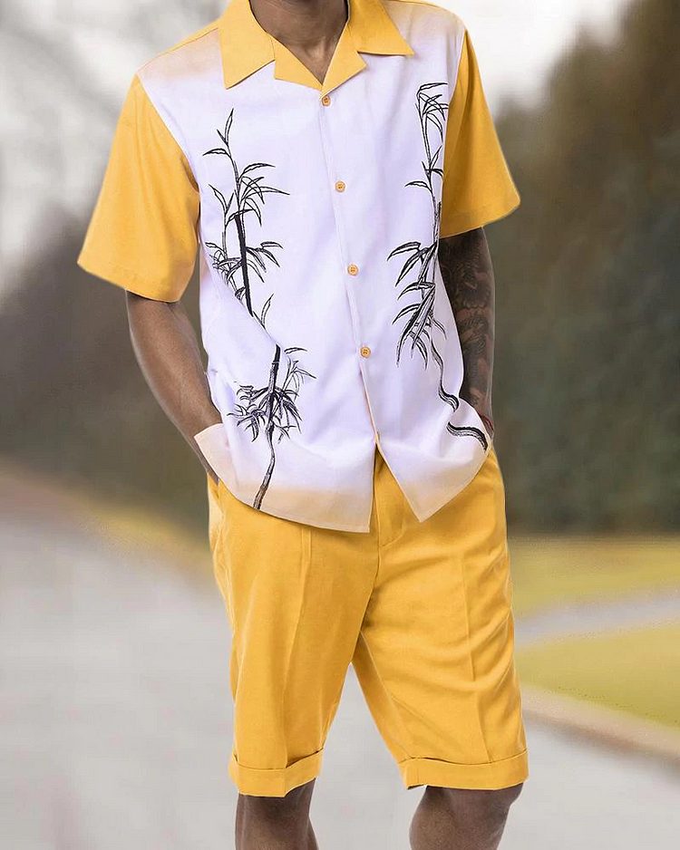 Two Piece Short Sleeve Print Walking Suit Set With Shorts
