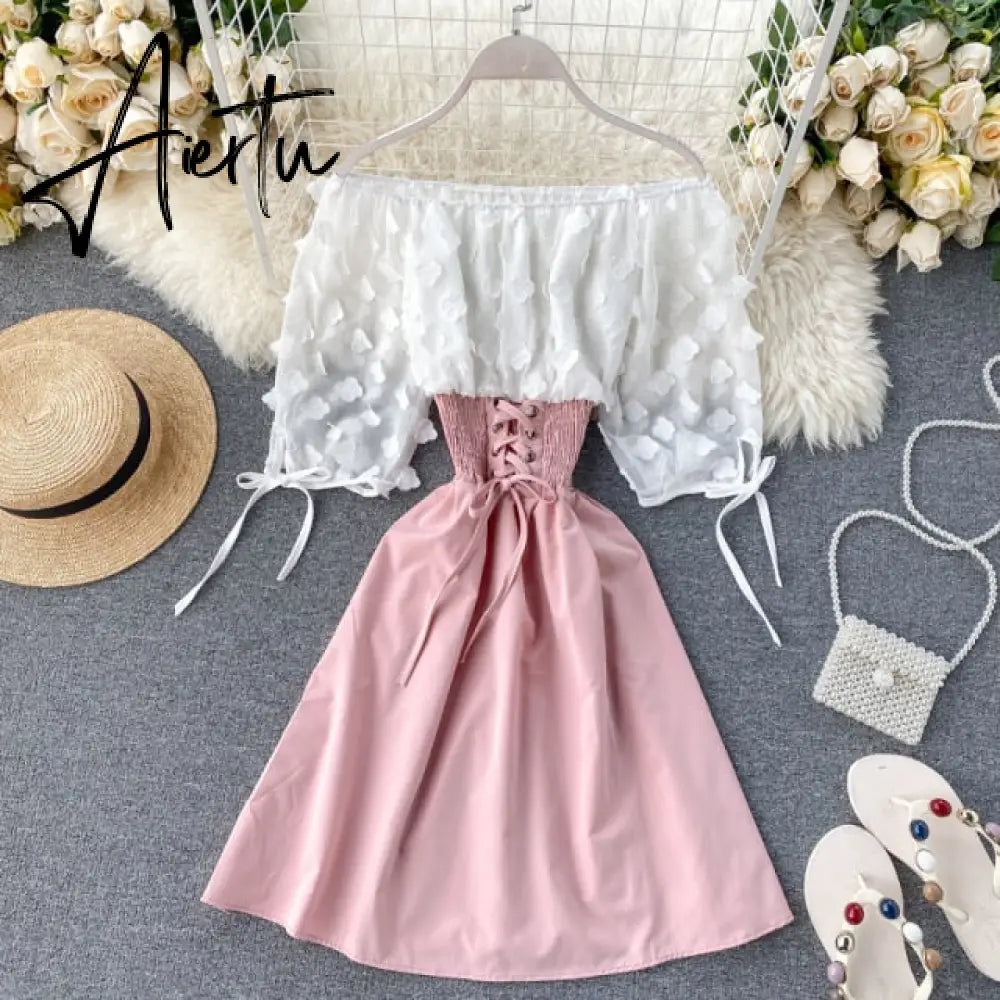 Aiertu Sexy Off Shoulder patchwork Summer Short Dress Party flower chiffon Slim waist lace up Women casual A-Line beach dress Aiertu