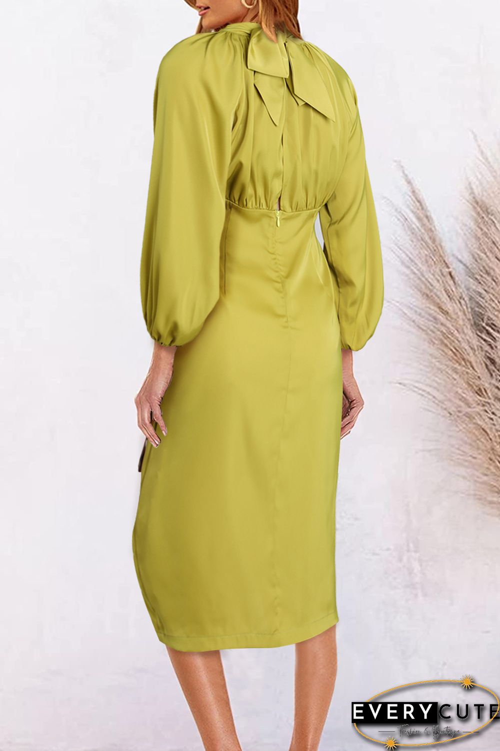Yellow Ribbon Tie Back Long Puff Sleeve Slit Midi Dress