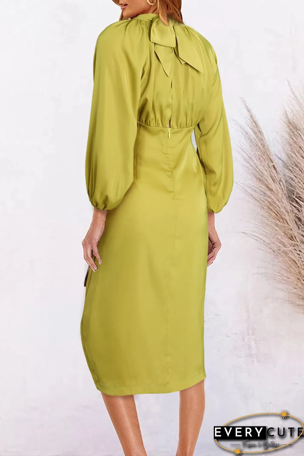 Yellow Ribbon Tie Back Long Puff Sleeve Slit Midi Dress