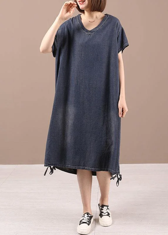 Casual Blue Open low High Design Summer Denim Short Sleeve Holiday Dress