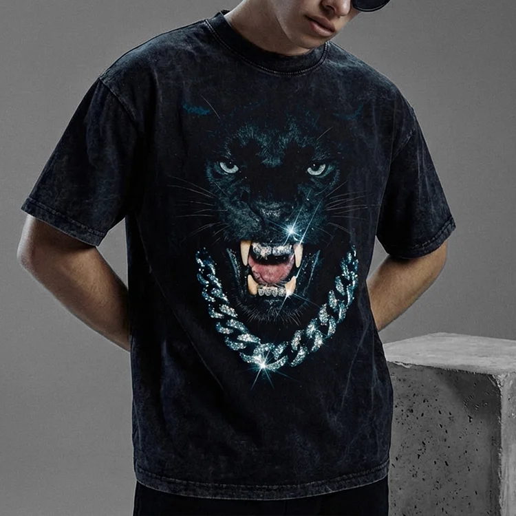 Black Panther Rhinestone Design Print Washed T-Shirt