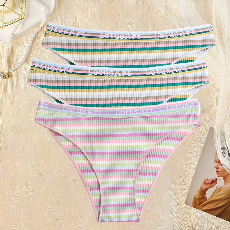 FINETOO 3PCS/Set Women Cotton Seamless Panties for Female M-XL Underwear Panty Sexy Colorful Striped Lingerie Letter Waist Brief