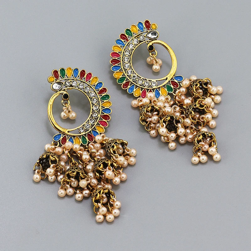 Peacock Open Screen Multicolor Pearl Half Moon Bell Earrings