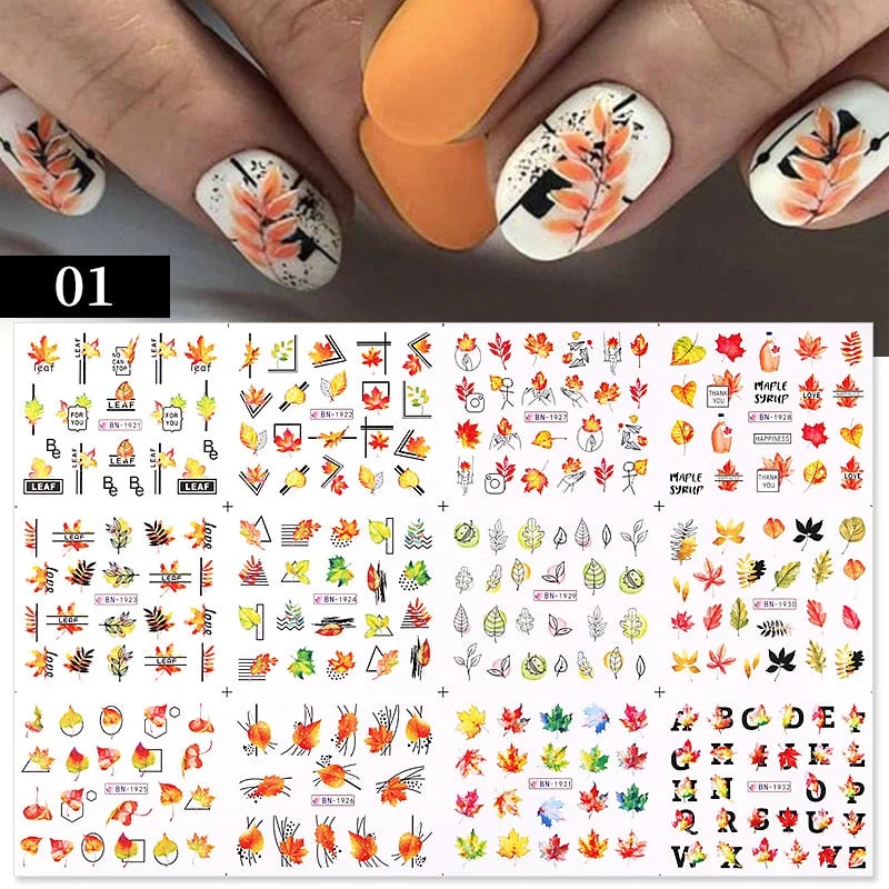 12pcs Sunflower Maple leaf Nail Stickers Sliders For Manicure Christmas Tree  Nail Art Water Decals Transfer Foil Autumn Tips
