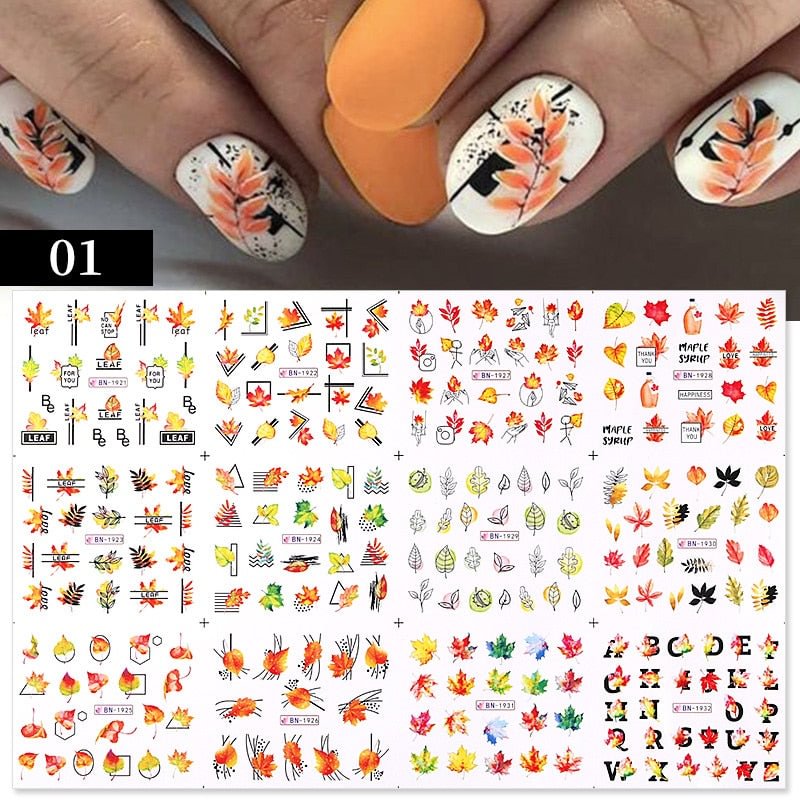 12pcs Sunflower Maple leaf Nail Stickers Sliders For Manicure Christmas Tree  Nail Art Water Decals Transfer Foil Autumn Tips