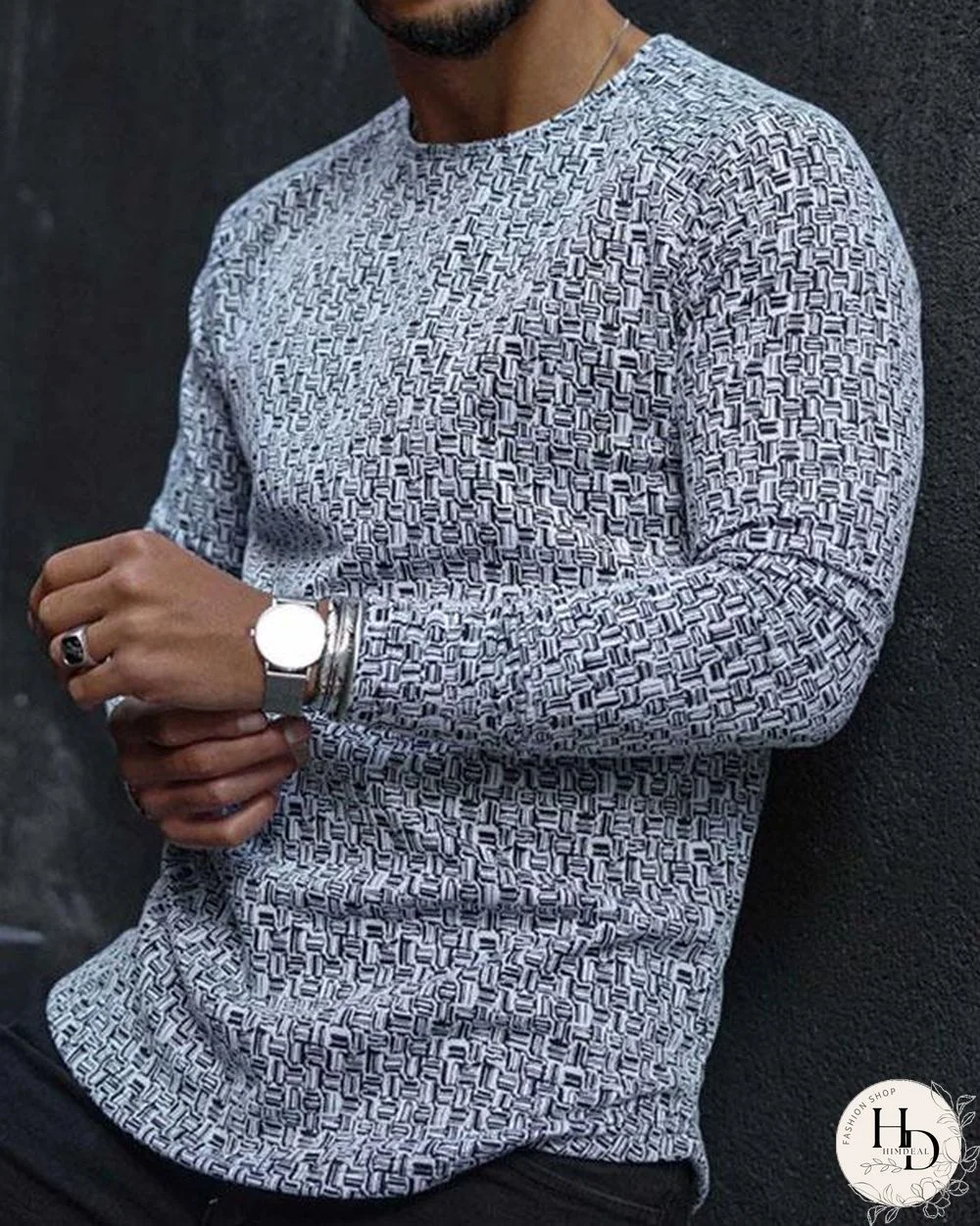 Men Basic Casual Round Neck Long Sleeve Print T-shirt