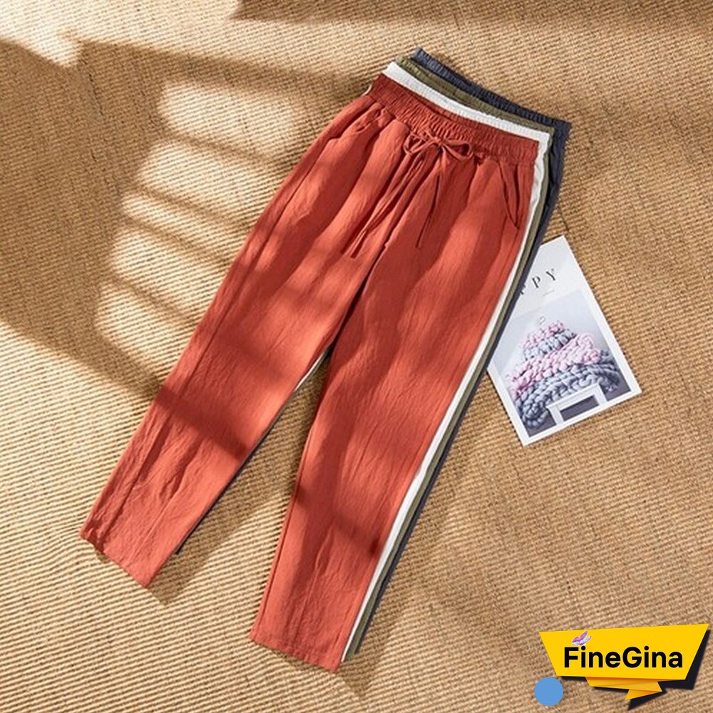 Woman Summer Harem Pants Vintage Candy Colors Cotton Linen Wide Leg Pants Solid Elastic Waist Ankle-length Capris Trousers
