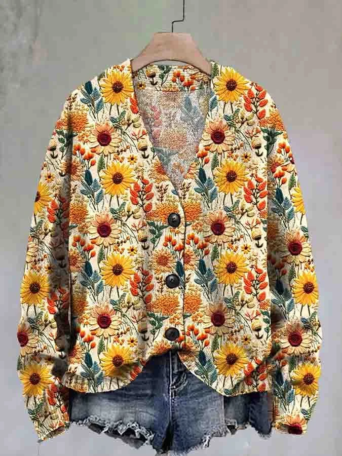 Women's Fashion Christmas Floral Print Sweater Cardigan