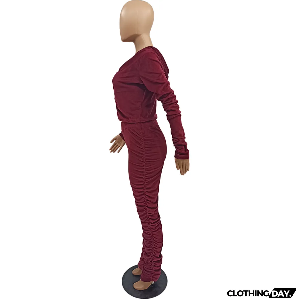 Velvet Pleated Zipper Hooded Jacket Skinny Pants Suit