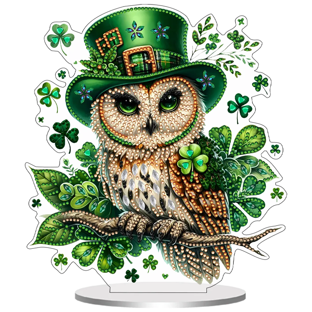 2D Flat DIY St Patricks Day Owl Diamond Painting Tabletop Ornaments Kit Special Shape Crystal Art Craft Decoration Single Side Drill for Living Room Home Office