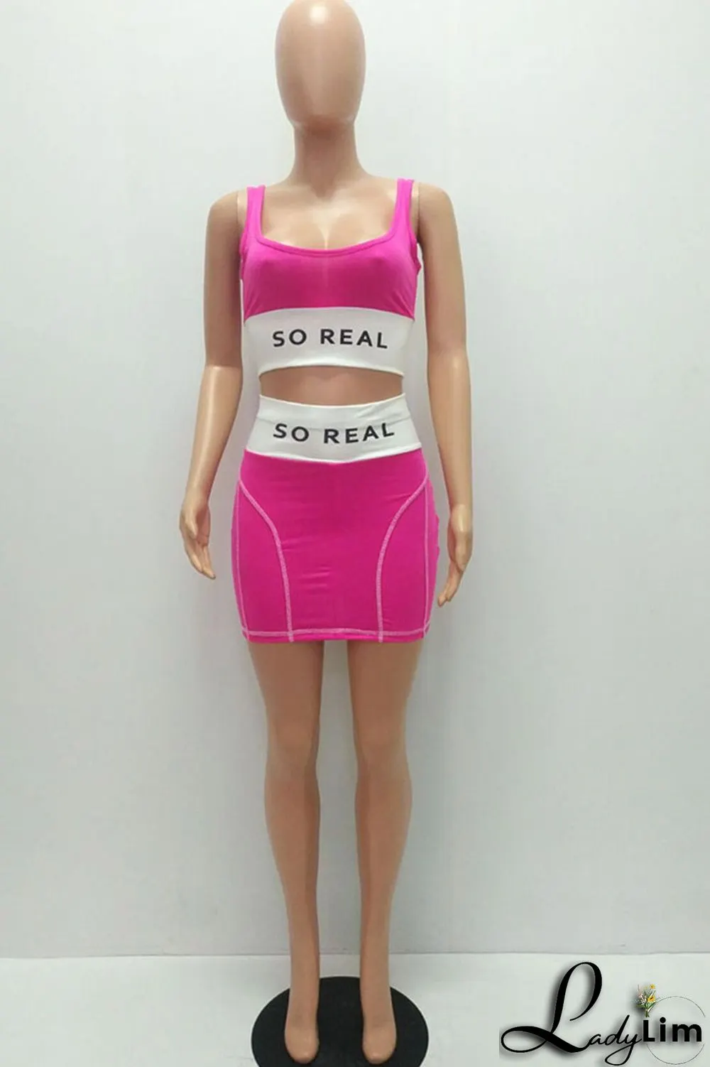 Rose Red Sexy Print Split Joint U Neck Two Pieces