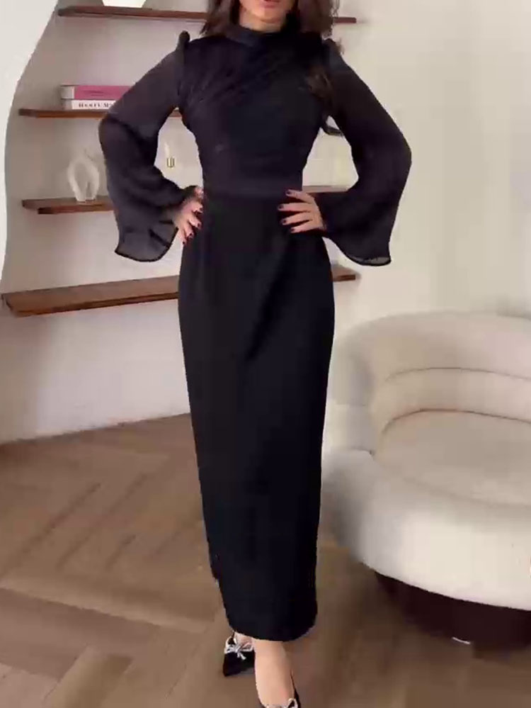 Elegant Mid-neck Paneled Bell-sleeve Dress | Oxredo Shop Ramadan Sale