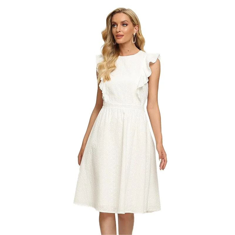 Jangj S.FLAVOR Women White Hollow Out Cotton Dresses Summer Ruffles Sleeveless A-line Dress Beach Style Women Casual Midi Sundress