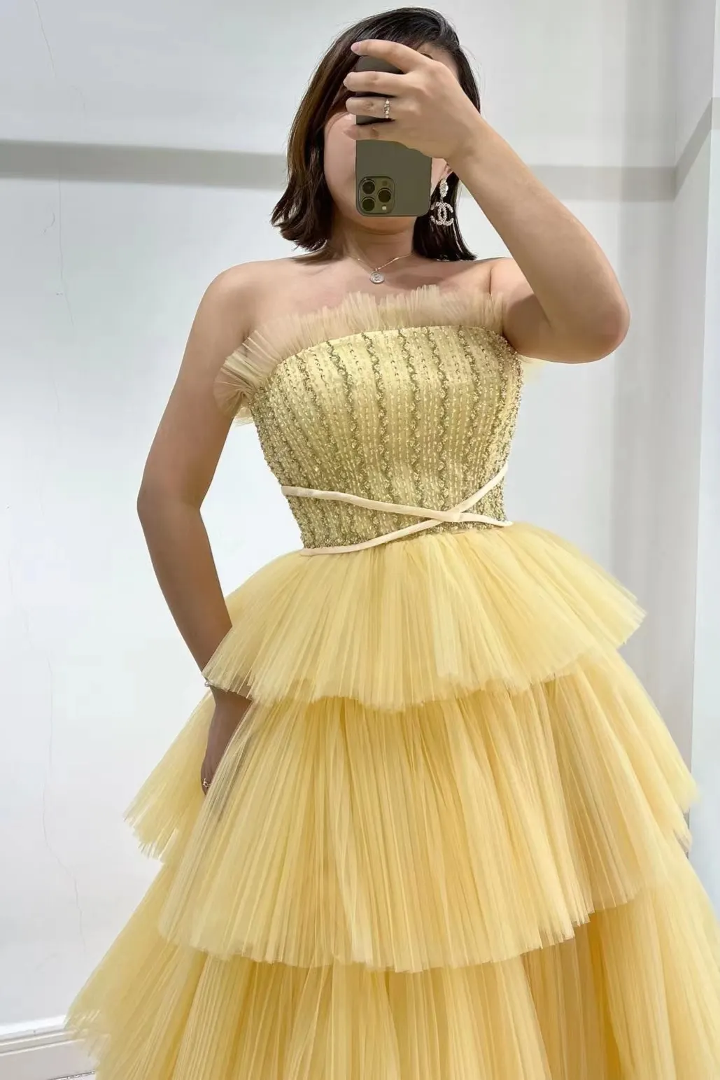 Strapless Sequin Beaded Ruffle Tulle Prom Dress Y7003