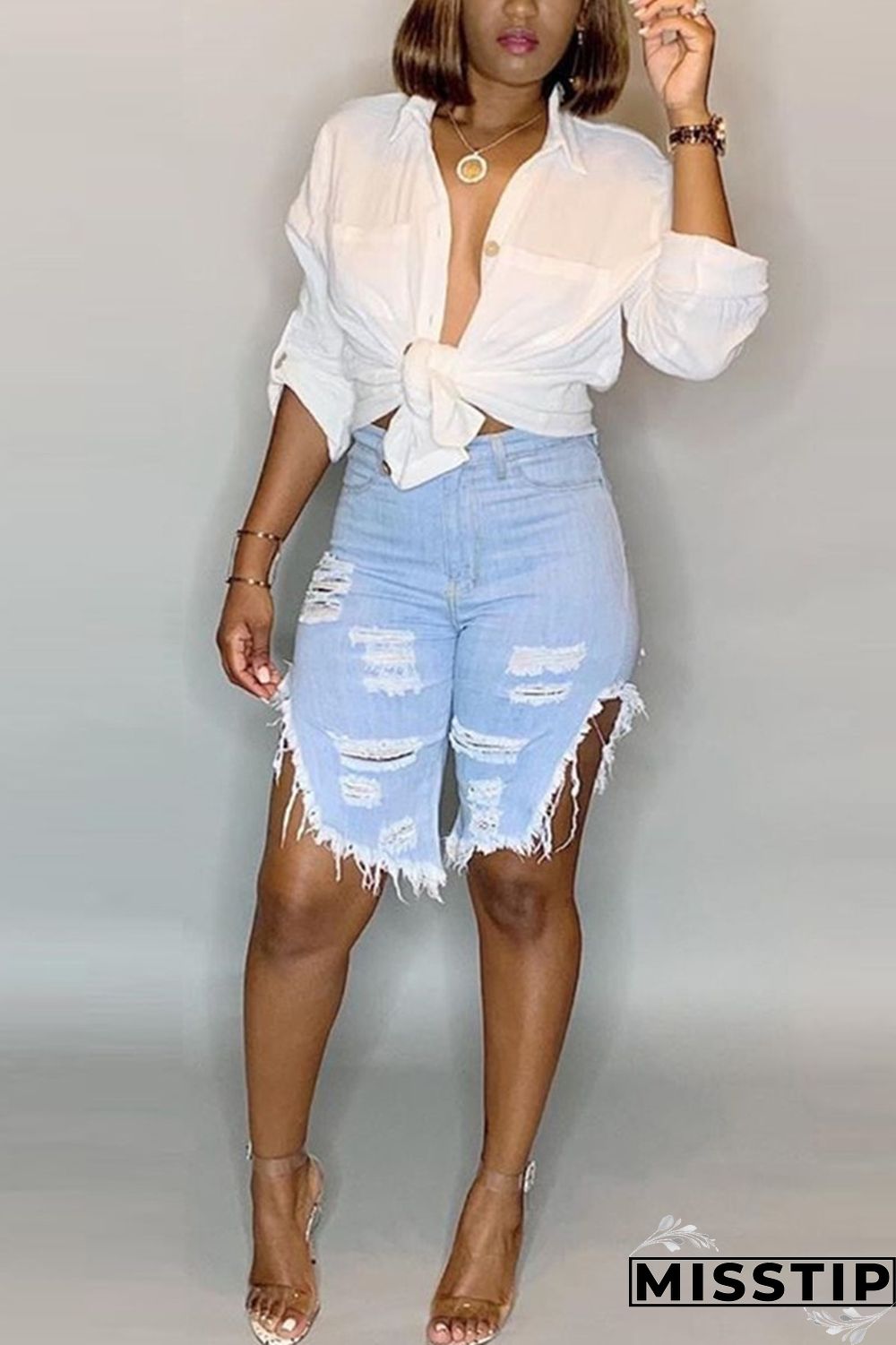 Light Blue Fashion Casual Mid Waist Jeans