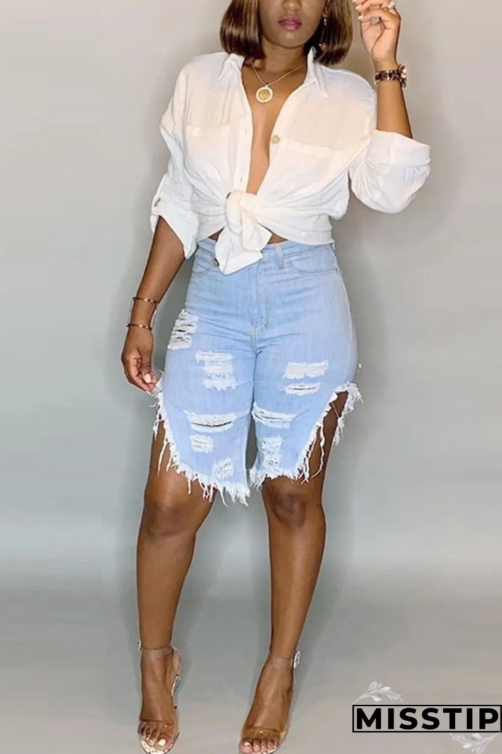 Light Blue Fashion Casual Mid Waist Jeans