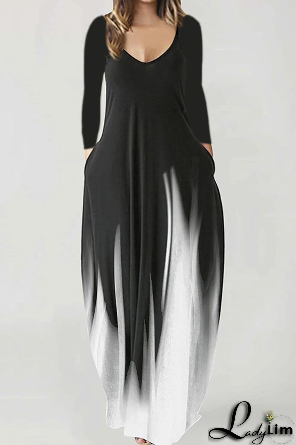 Grey Fashion Casual Print Basic V Neck Long Sleeve Dresses